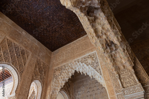 Alhambra de Granada. Moorish arches in the Court of the Lions