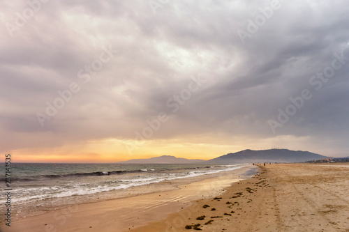 Beach in Tarifa at sunset. Tarifa, Andalusia, Spain