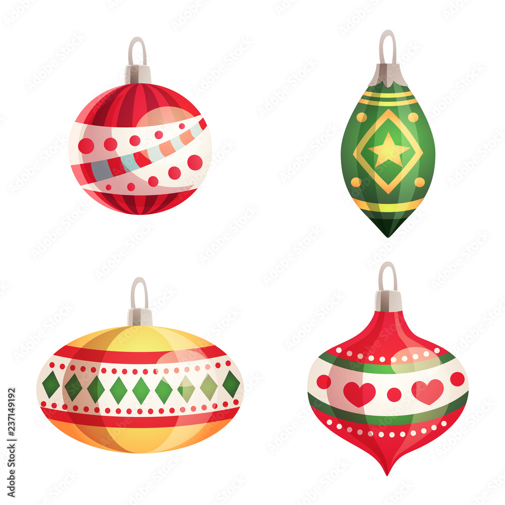 Set of colorful christmas tree toys on white background. Winter Holidays and Celebrations concepts for design a Happy New Year and Merry Christmas card. Vector illustration in cartoon style