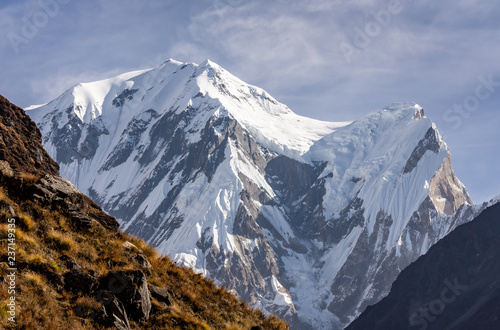 Close-up view of snowcapped summit in Annapurna range, Himalayas of Nepal photo