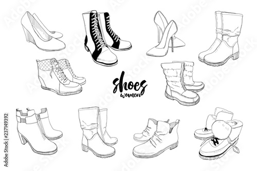 illustration of Set hand drawn graphic Men and women Footwear, shoes. Casual and sport style, gumshoes. Moccasins, sneakers, boots, pumps. Doodle, drawing Design isolated object.