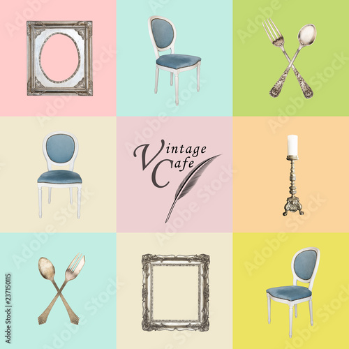 Vintage objects on a colored background in retro tones. Antique Chairs, limes, forks, candlestick, frames. Inscription Vintage Cafe.