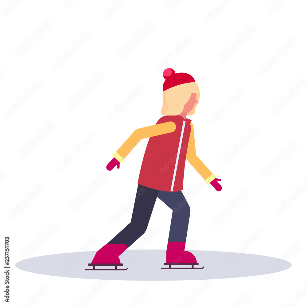 young girl skating ice rink sport activities lady wearing winter clothes female carton character full length profile flat isolated young girl skating ice rink sport activities lady wearing winter clothes female carton character full length profile flat isolated