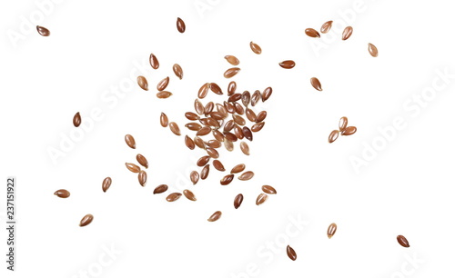 Flax seed, linseed pile isolated on white background, top view