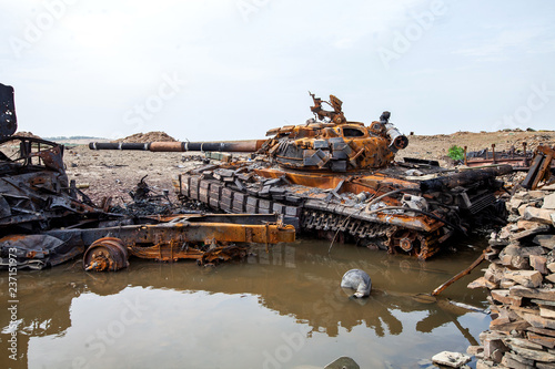 destroyed tank, War actions aftermath, Ukraine and Donbass conflict