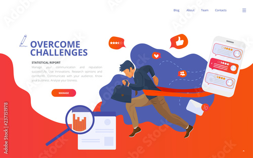 Overcome challenge vector illustration: businessmen with ambitious goals overcoming obstacles got winning results.