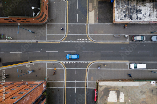 Aerial view of a crossroad junction in a town in the UK