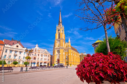 Freedom square and catholic cathedral in Novi Sad view