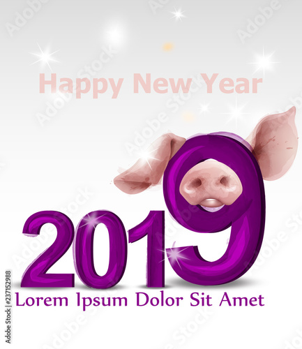 2019 Watercolor Pig year card Vector. Snowy blurry background. Happy New Year...