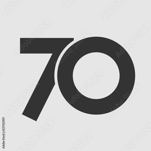 70 th years old logotype. Isolated simple abstract graphic symbol of 70%. Straight elegant cut number design template. Round shape digits, up to -70 % percent off sign. Emblem in minimalistic slyle.