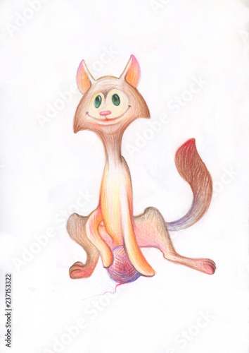 Pencil drawing. Illustration for children. Image of animals with colored pencils. Red cat playing with a ball of thread.