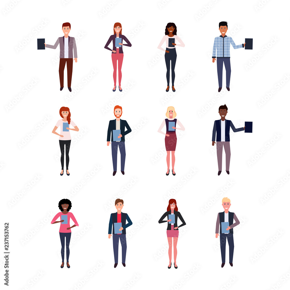 set mix race business people holding folder happy man woman office workers collection male female cartoon character full length isolated flat
