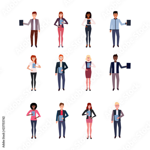set mix race business people holding folder happy man woman office workers collection male female cartoon character full length isolated flat