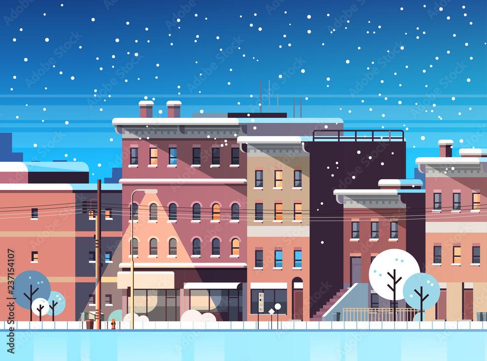 city building houses night winter street cityscape background merry christmas happy new year concept flat horizontal flat