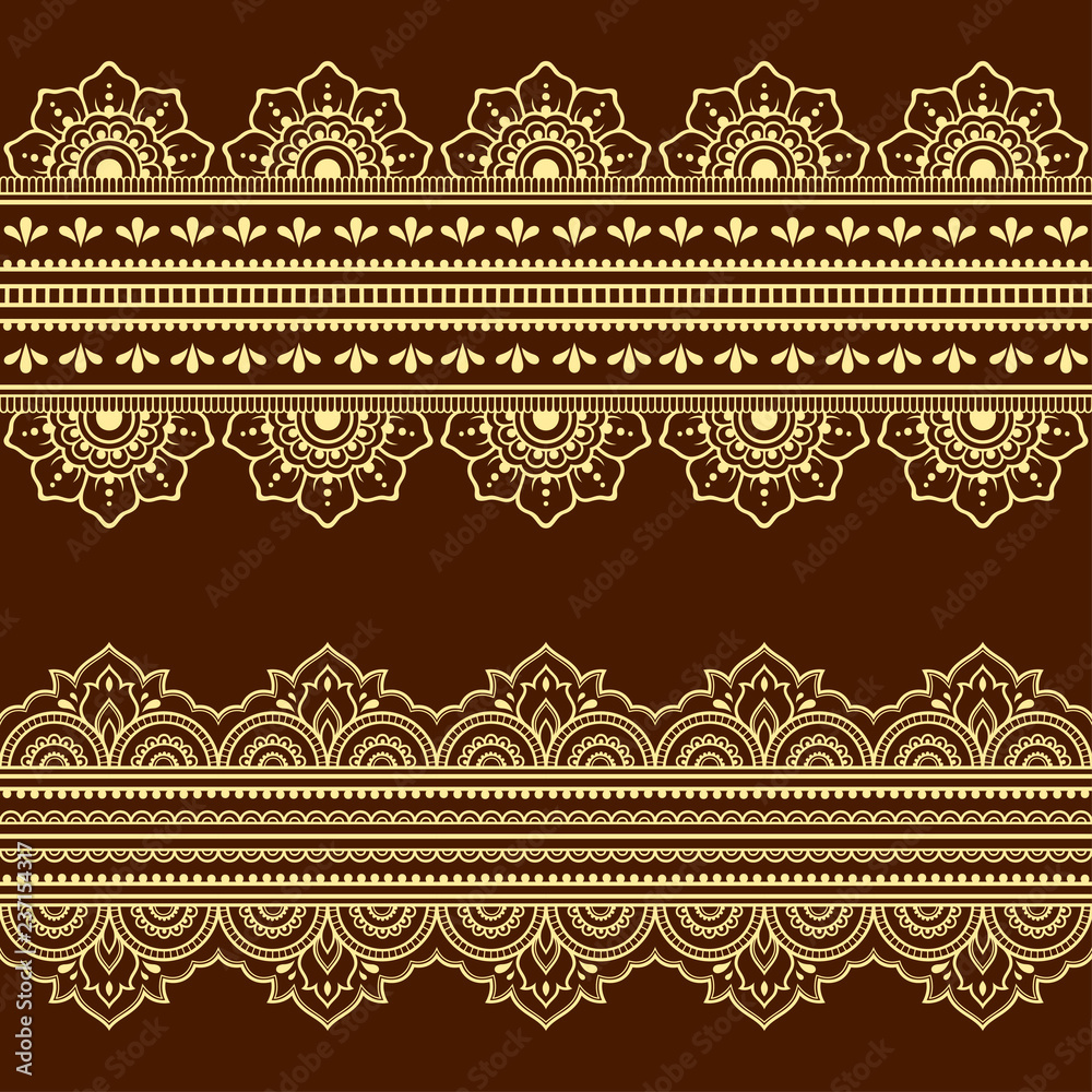 Fototapeta Set of seamless borders for design, application of henna, Mehndi and tattoo. Decorative pattern in ethnic oriental style.