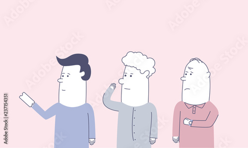 Three men (holding a ticket, curly one and looking nervously at his watch) standing in queue. Colored minimalistic illustration for web and printing.