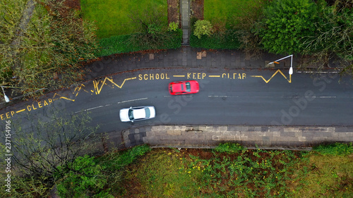 Aerial view of a school keep clear road sign in the UK photo