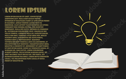 Flat style vector illustration. Opened book and brighten lamp with copy space for text. Idea logo. Power of knowledge sign.
