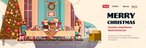 multi generation family celebrating new year merry christmas holiday people sitting at table traditional dinner concept decorated fir tree living room interior horizontal copy space