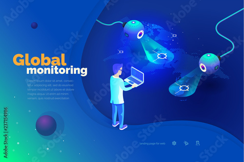 Global monitoring. A man with a laptop interacts with a global tracking system. Data collection. World map. Modern vector illustration of isometric style.