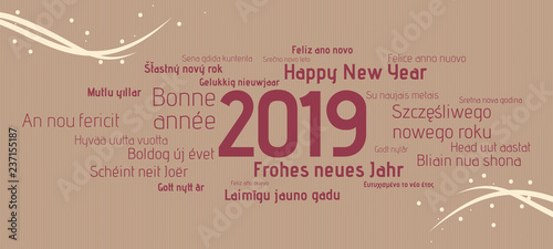 Happy New Year in different languages multilingual text cloud retro