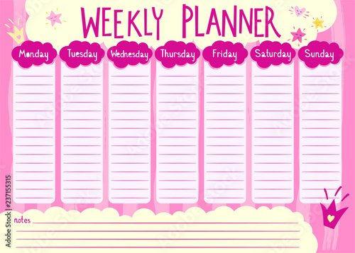 Pink weekly planner for girl. Kids schedule design template