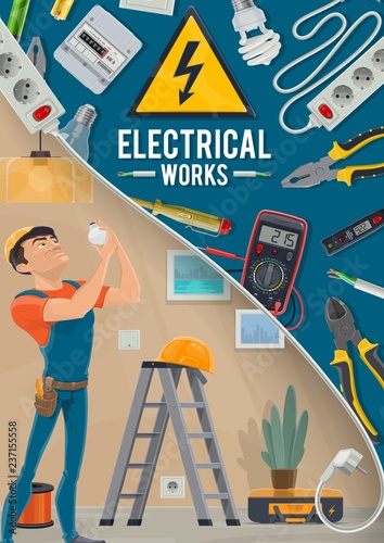 Electrical works, electrician and tools