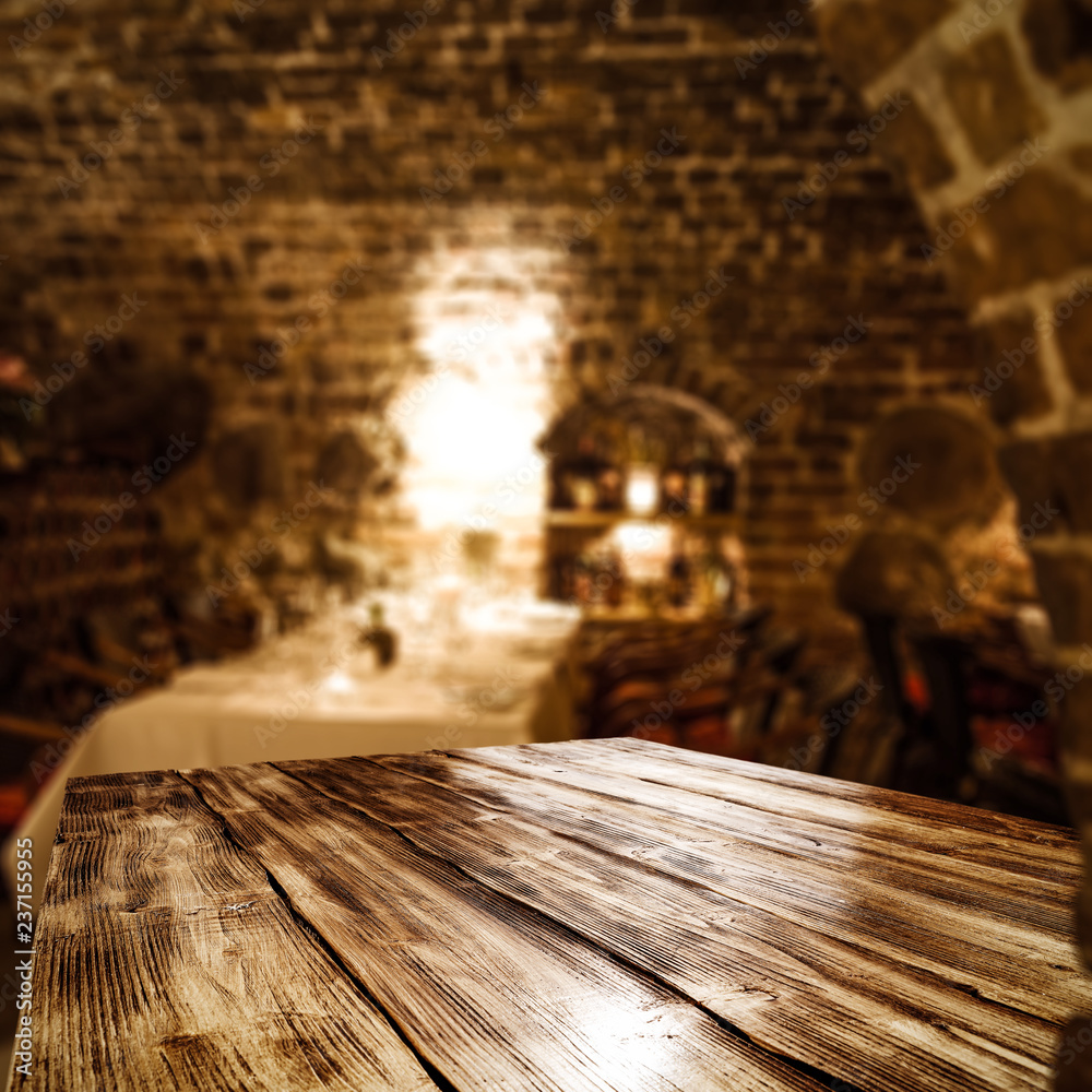 table background and dark interior of restaurant 