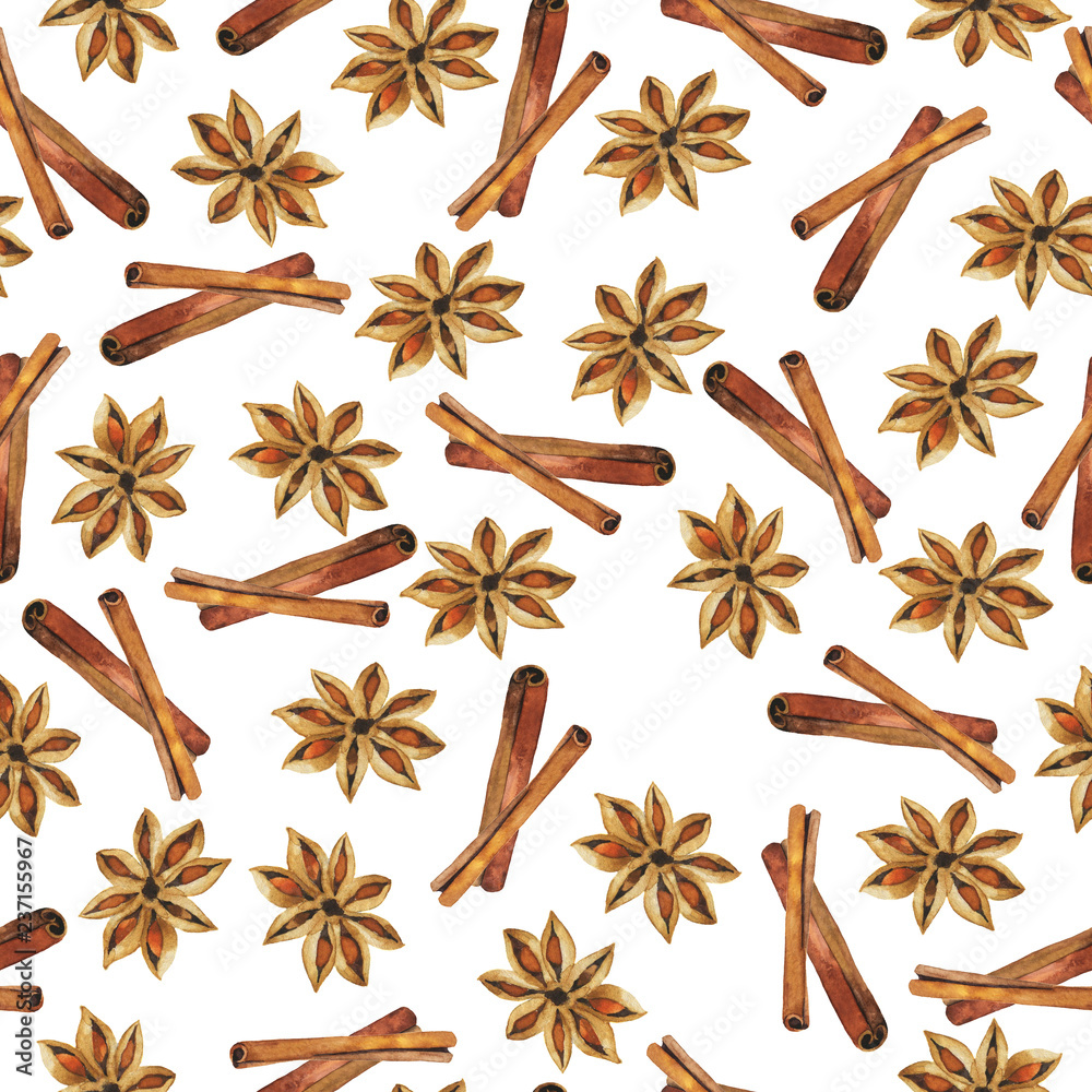 Seamless pattern witn cinnamon sticks and anise stars on white background. Hand drawn watercolor illustration.