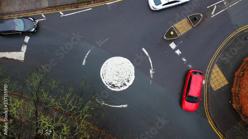 Aerial view of a roundabout road junction in the UK