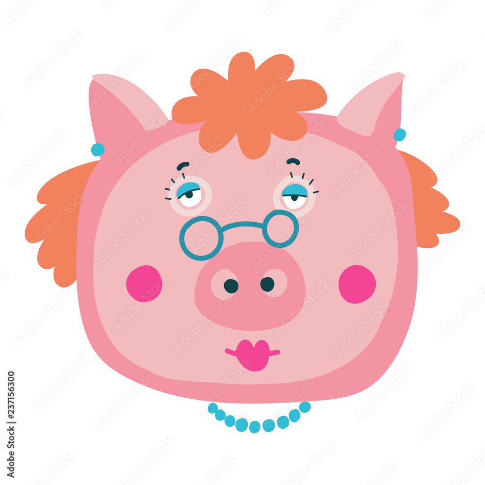 Vector hand-drawn illustration with pig in a village. Farm animal.