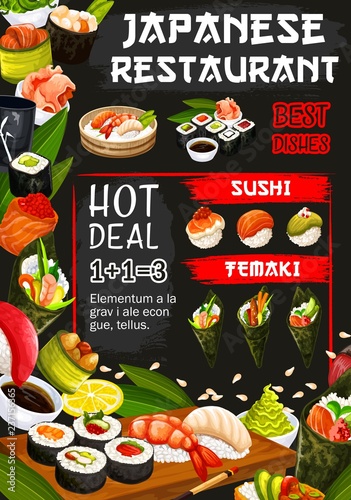 Japanese restaurant poster with seafood raw dishes