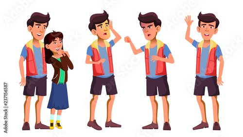 Asian Teen Boy Poses Set Vector. Activity, Beautiful. Girlfriend In Love. For Cover, Placard Design. Isolated Cartoon Illustration