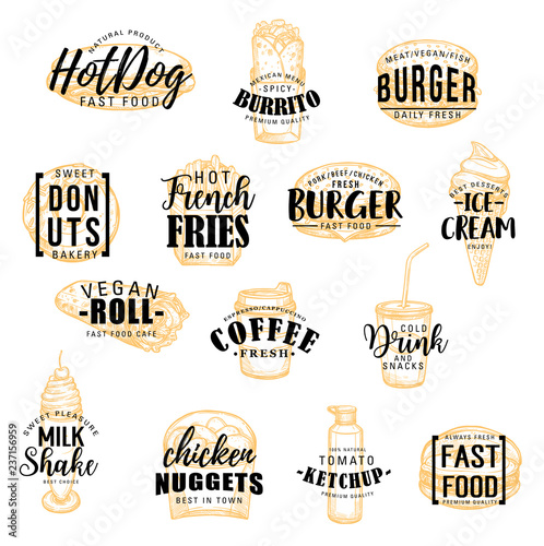 Street fast food meals sketch icons with lettering