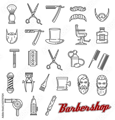 Barber shop salon outline icons monochrome vector