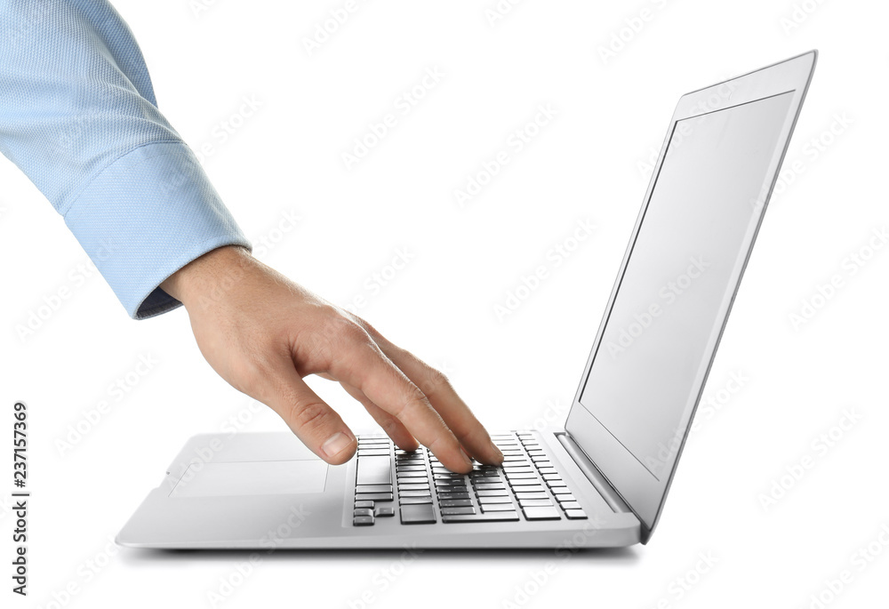 Young businessman using laptop on white background Young businessman using laptop on white background