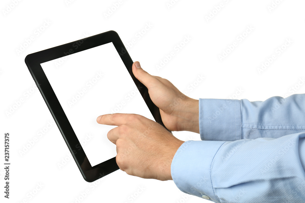 Young businessman using tablet PC on white background Young businessman using tablet PC on white background