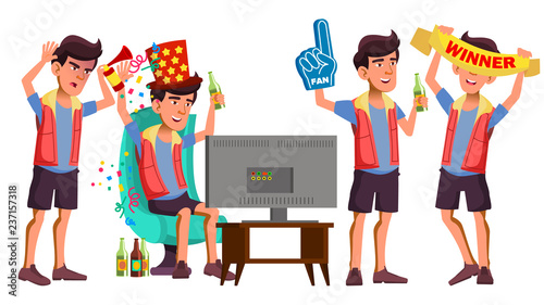 Asian Teen Boy Sport Fan Set Vector. Have Fun. Watching Sport Match. Competition. Beer. Life. For Presentation, Invitation, Card Design. Isolated Cartoon Illustration