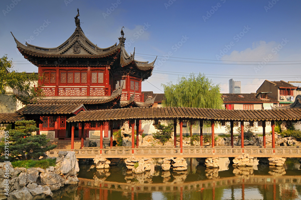 View of the Pavilion of Listening to Billows, Yu Garden or Yuyuan Garden an extensive Chinese garden located beside the City God Temple in the northeast of the Old City of Shanghai, China.
