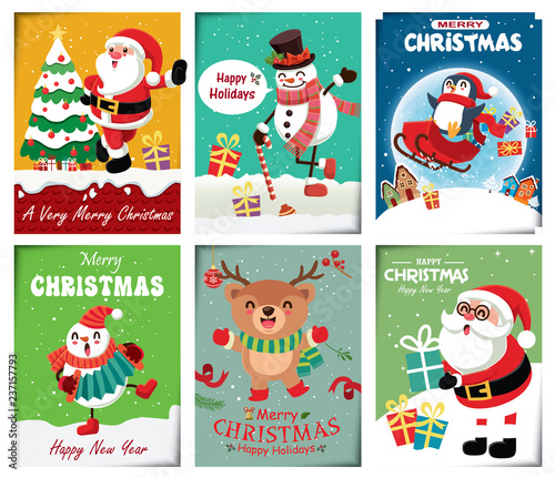 Vintage Christmas poster design with vector snowman, reindeer, penguin, Santa Claus, elf, fox characters.
