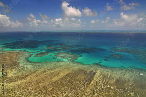 Aerial view of the Great Barrier Reef in Queensland Australia.