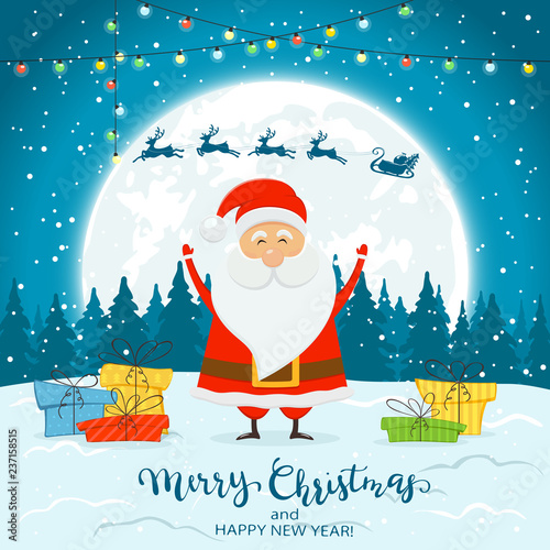 Santa Claus on Winter Background with Gifts and Deer