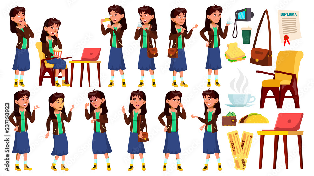 Asian Teen Girl Poses Set Vector. Emotional, Pose. Blue Skirt. For Advertising, Placard, Print Design. Isolated Cartoon Illustration