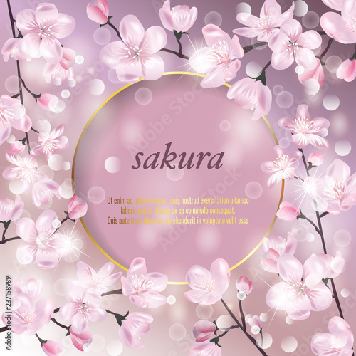 Vector banner with Cherry Blossom. Blossoming sakura branch. Template for invitation, sales, packaging, cosmetics, perfume. Space for text.