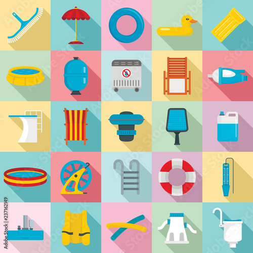 Pool equipment icon set. Flat set of pool equipment vector icons for web design