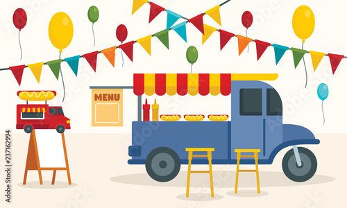 Street food truck concept background. Flat illustration of street food truck vector concept background for web design