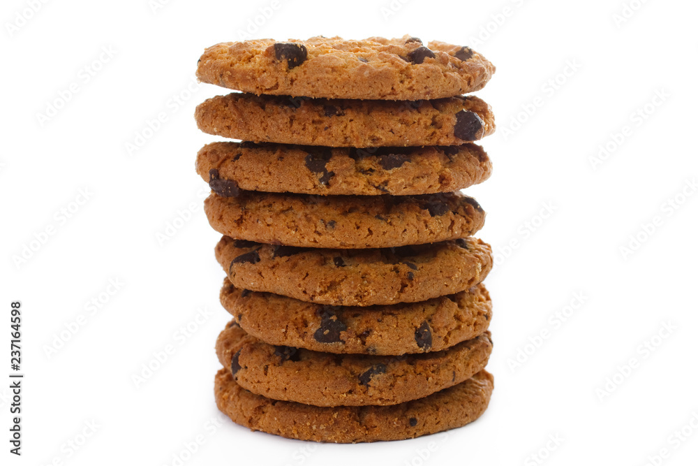 Pile of chip cookies isolated on white background.