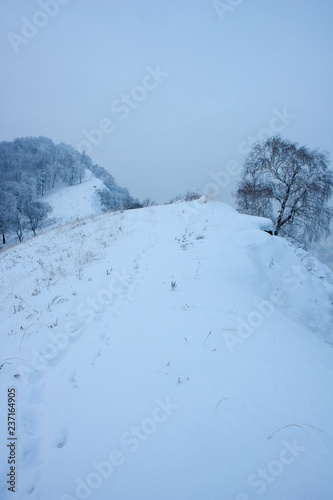 The view on the Volga river and Zhiguli hills near Zhigulevsk city in winter.
