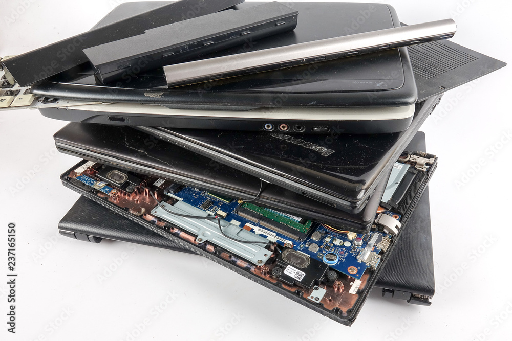 Obsolete laptops isolated on white.