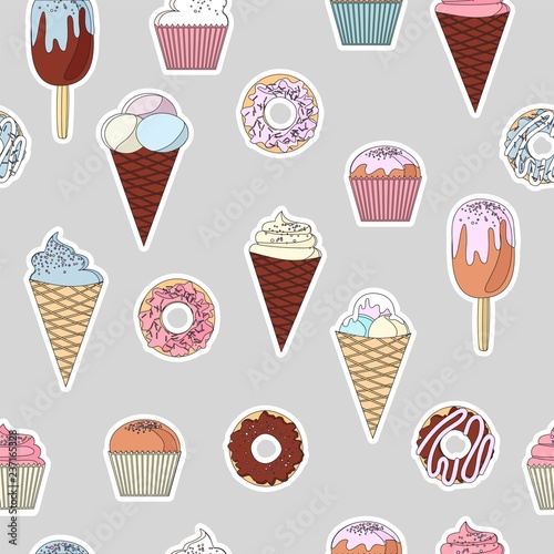 pattern from a set of colorful delicious cupcakes, cakes, desserts, ice cream and donuts. Cupcake icons, flat style. Vector. elements for the new year, holiday cards, greeting cards